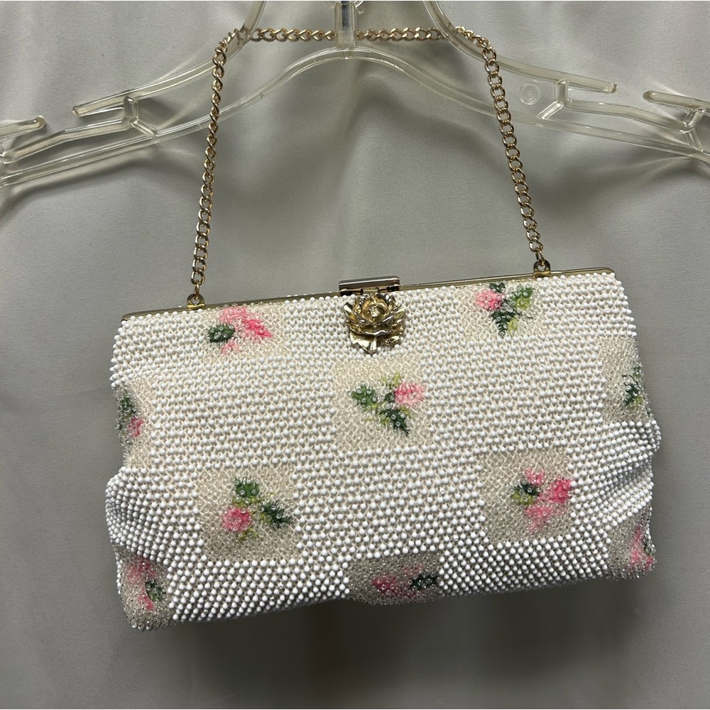 Lumured Beaded Handbag Purse Pink Flowers Floral Rose Lock Vintage